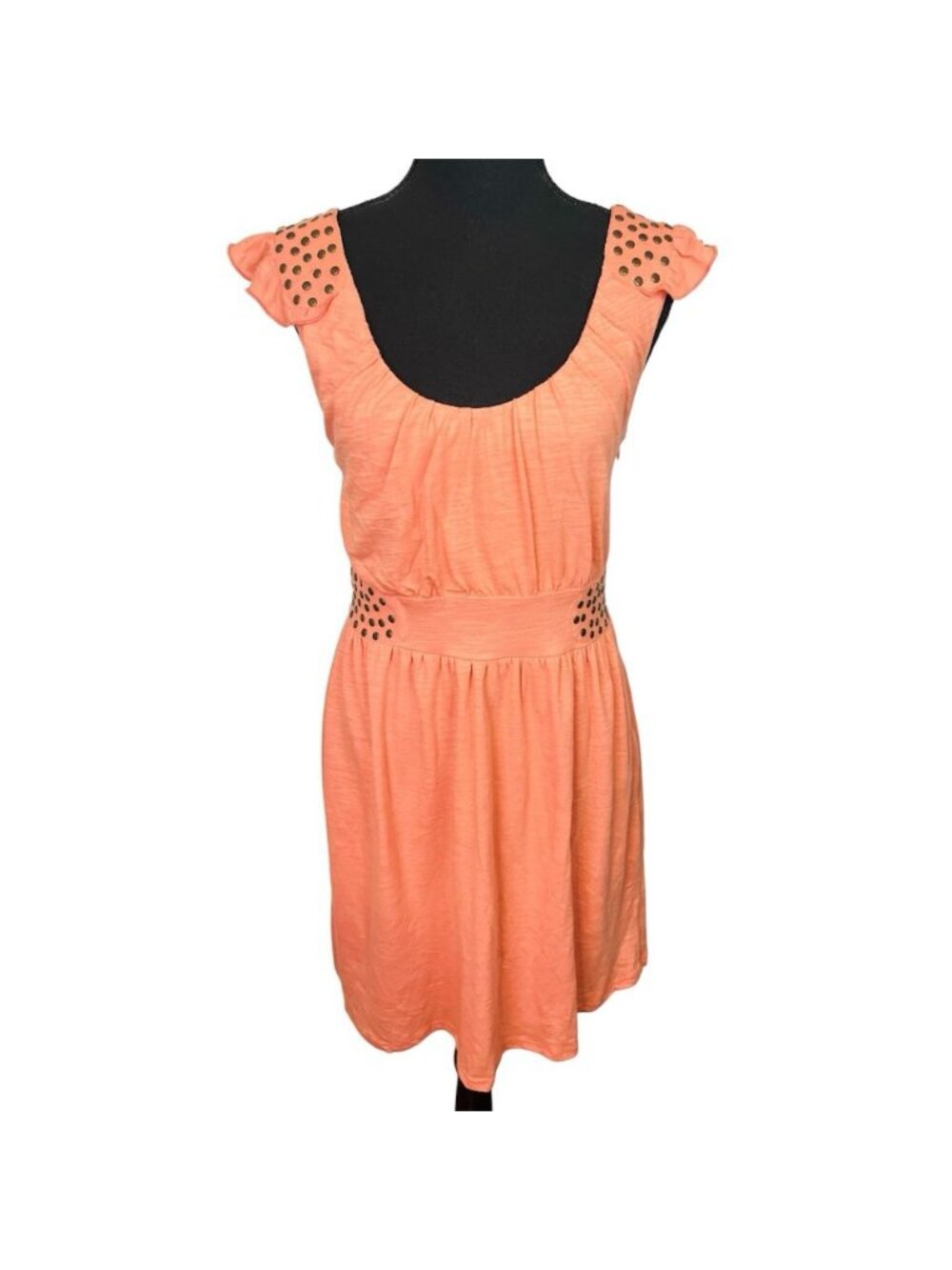 Aryeh Silk Fit & Flare Mini Dress Sz S Coral Studded Scoop Neck Ruffle Sleeves